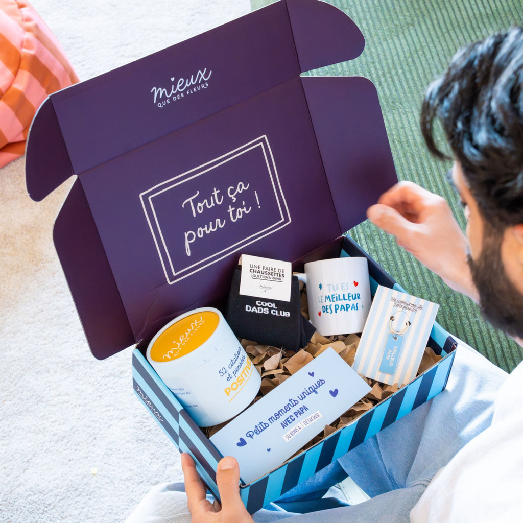 Présentation du coffret cadeau papa avec ses cadeaux