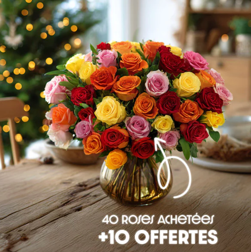 Bouquet de 50 roses fraîches, colorées, éclatantes