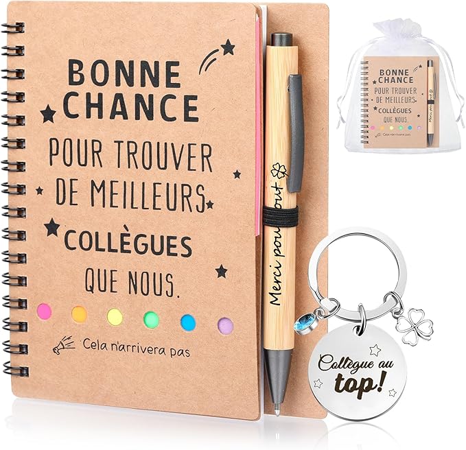 Coffret cadeau départ collègue – carnet A6, stylo bois gravé & porte-clés