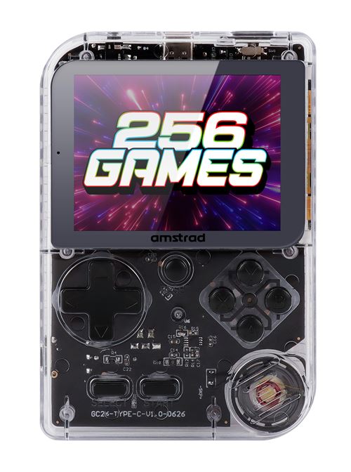 Console de jeu portable Amstrad Transparent Noir avec 256 jeux et batterie rechargeable