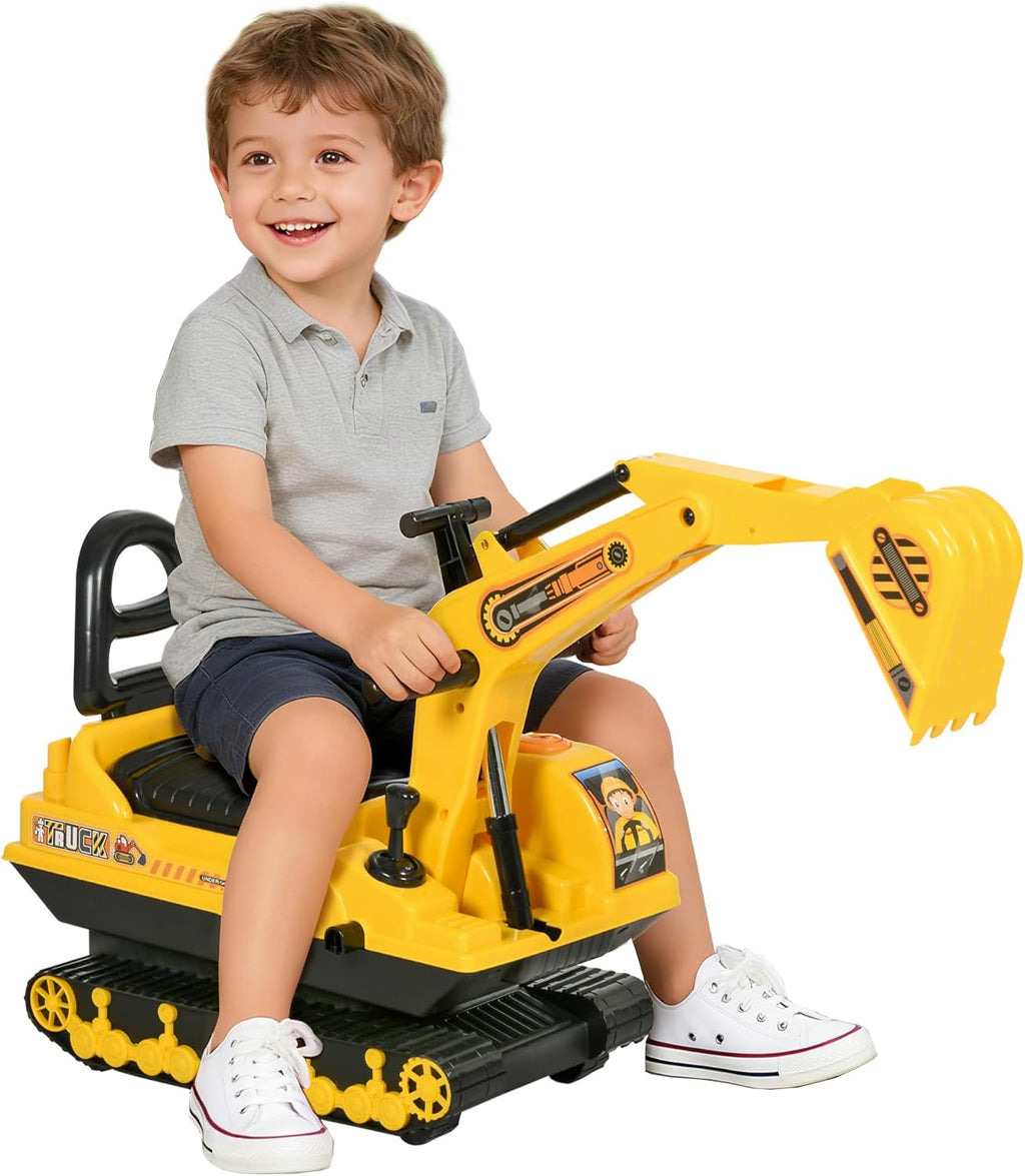 Porteur enfant tractopelle avec coffre + klaxon + pelle pivotante