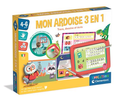 Jeu écriture et lettres Clementoni Mon ardoise 3 en 1 Trace, dessine et écris