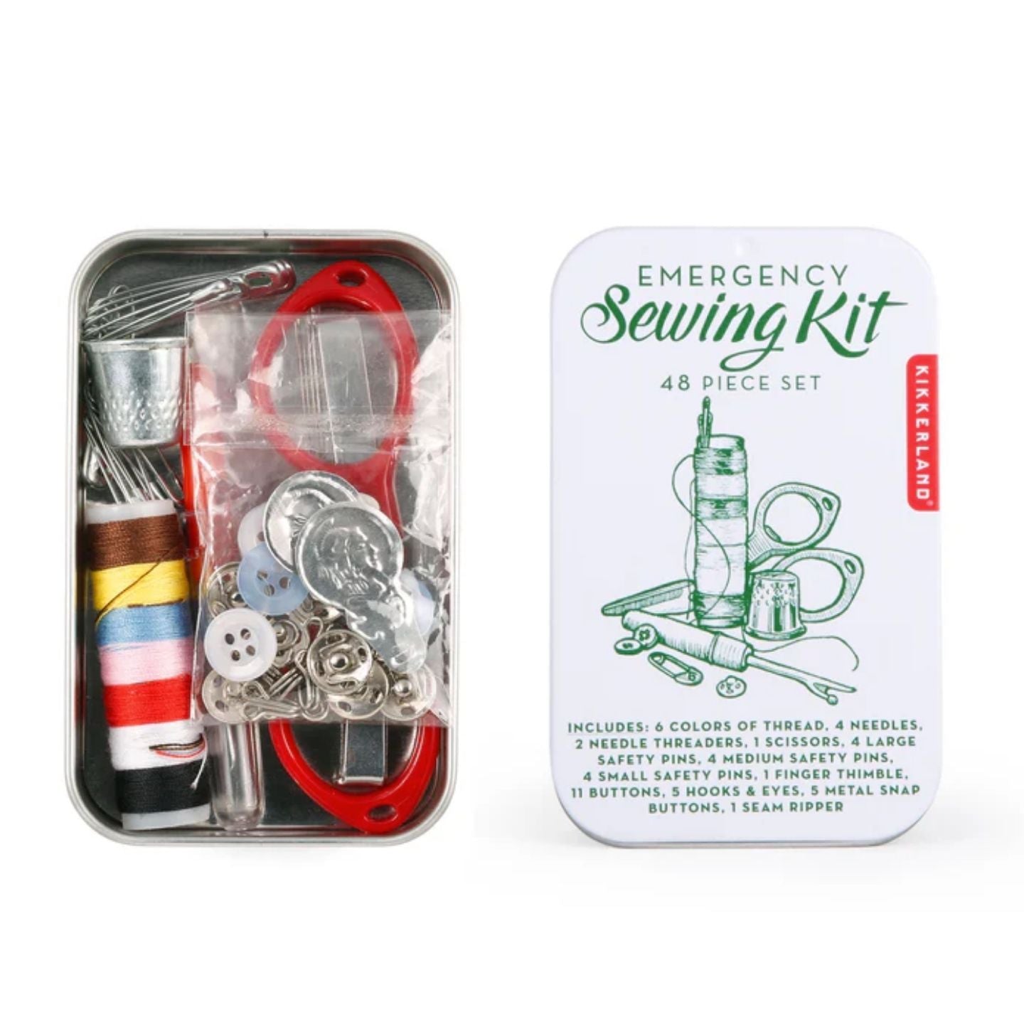 Kit de couture de secours compact, vue de dessus avec accessoires