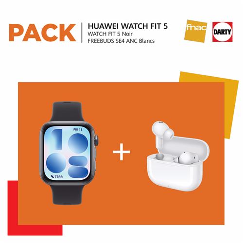 Pack Montre connectée Huawei Watch Fit 5 Bluetooth Noir avec bracelet en fluoroélastomère Noir + Ecouteurs sans fil True Wireless Huawei FreeBuds SE 4 ANC avec réduction de bruit active Blanc