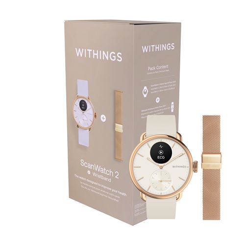 Pack Montre connectée Withings ScanWatch 2 38 mm Bluetooth Sable et Or rose + Bracelet en maille milanaise 18 mm Or rose