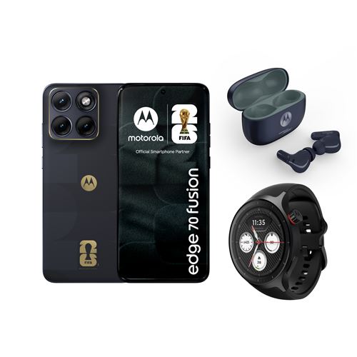 Pack Smartphone Motorola Edge 70 Fusion 6.78" 5G Double SIM 256 Go Fifa Edition Noir + Ecouteurs sans fil Motorola Moto Buds 2 Plus + Montre connectée Motorola Moto Watch Noir