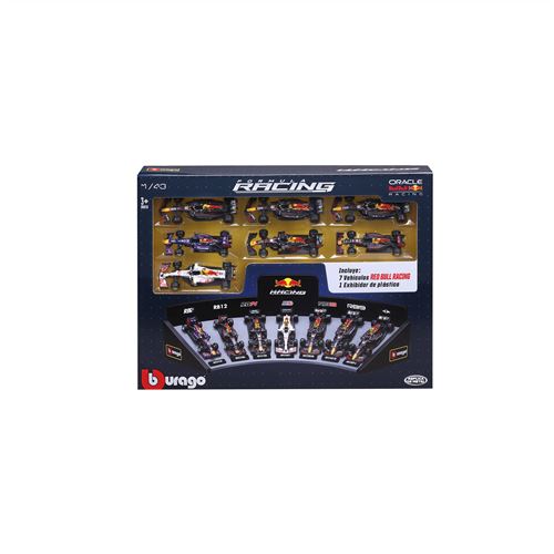 Pack de 7 véhicules Bburago Formule 1 Red Bull 1/43 avec un présentoir