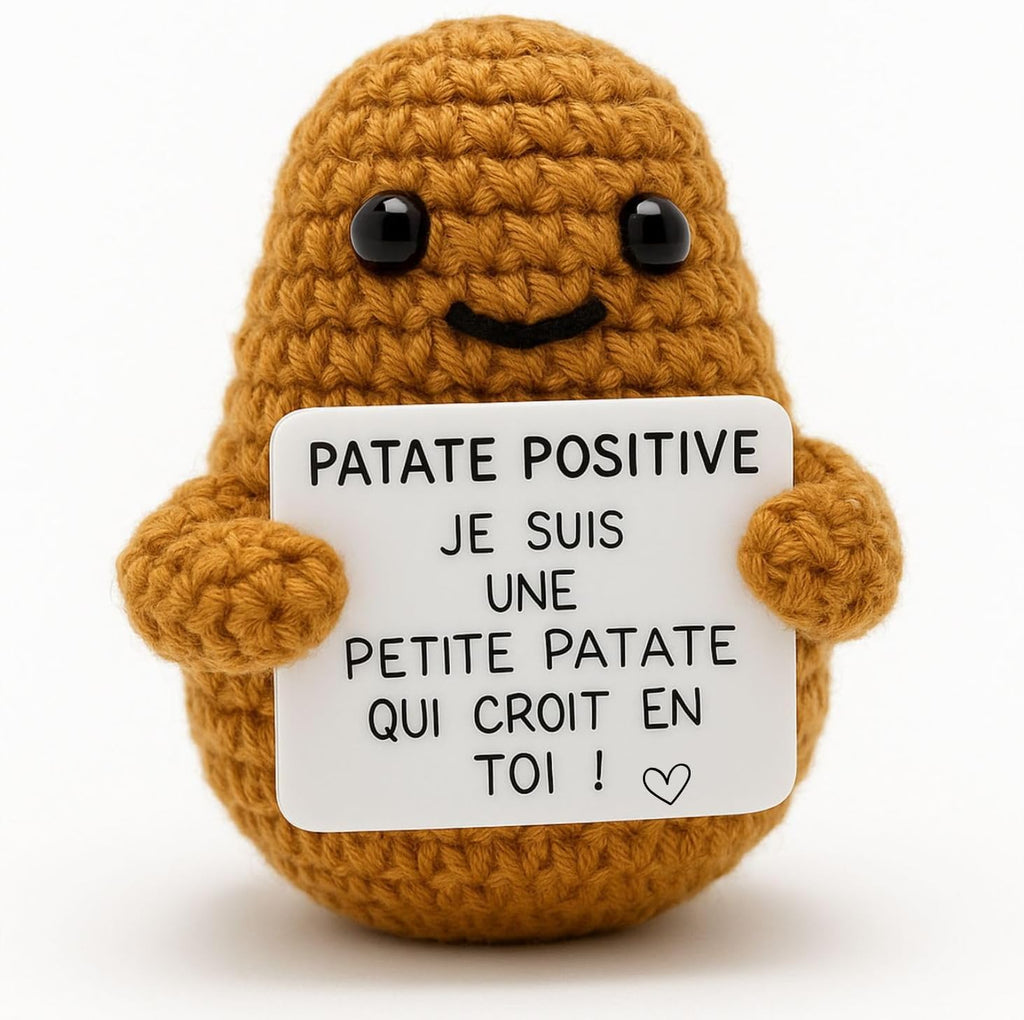 Patate Positive – Mini peluche motivante au crochet avec carte