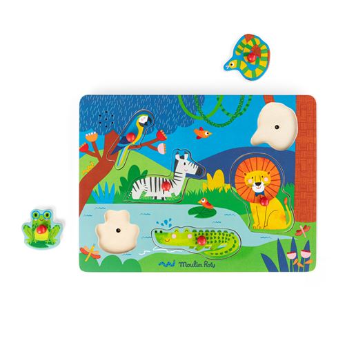 Puzzle 6 pièces Moulin Roty sonore animaux en bois Les Toupitis