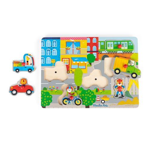 Puzzle en bois 6 pièces Moulin Roty Ville sonore Les Popipop
