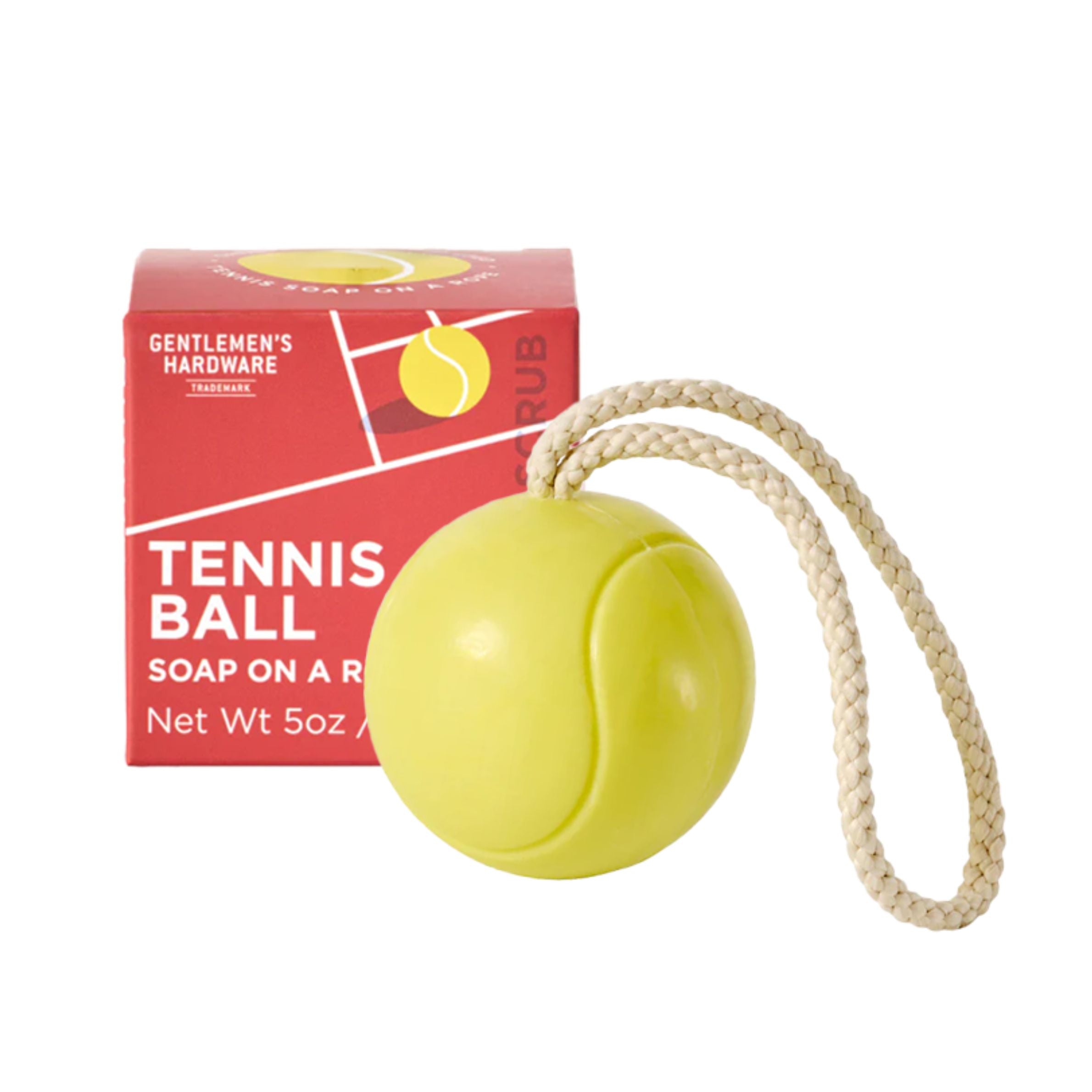 Savon en forme de balle de tennis avec corde, vue de face