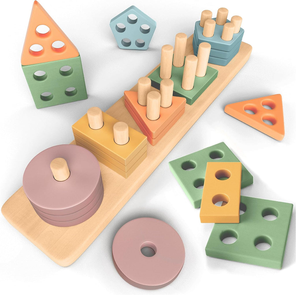Jouet Montessori en bois : empiler + trier couleurs pastel (1–3 ans)