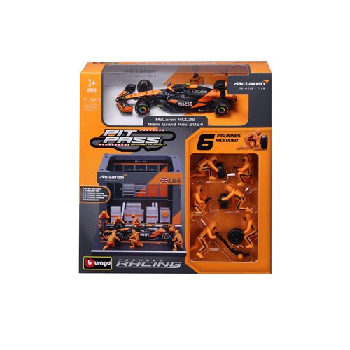 Véhicule Bburago 1/43 Pit-Stop McLaren MCL38 Norris avec figurines mécaniciens et paddock