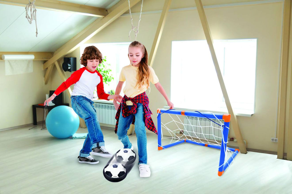 Aerofoot - disque de foot aéroglisseur rechargeable, 2 buts, pompe et ballon gonflable inclus, effets lumineux blanc