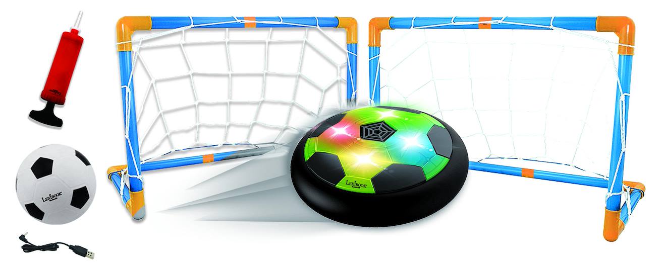 Aerofoot - disque de foot aéroglisseur rechargeable, 2 buts, pompe et ballon gonflable inclus, effets lumineux blanc