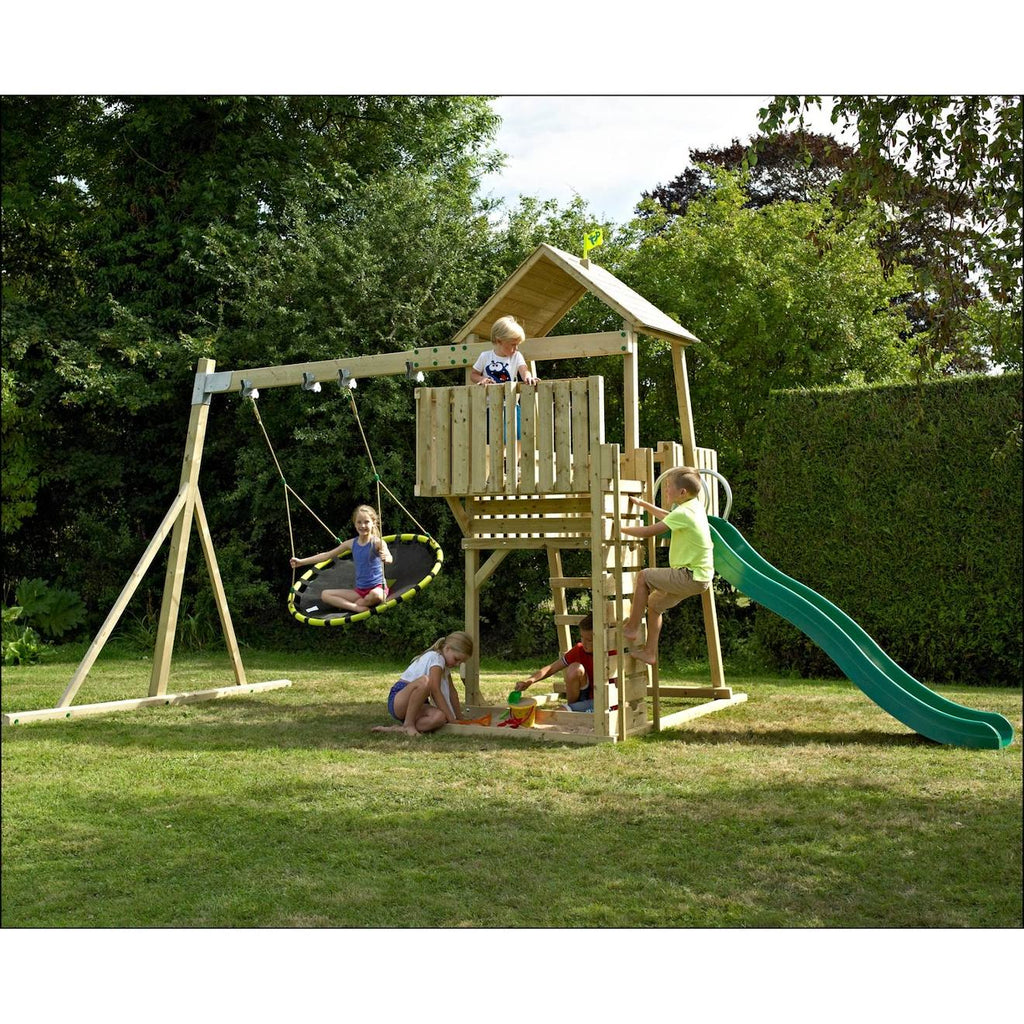 Aire de jeux balançoire nid kingswood bois FSC marron - bleu - noir - vert