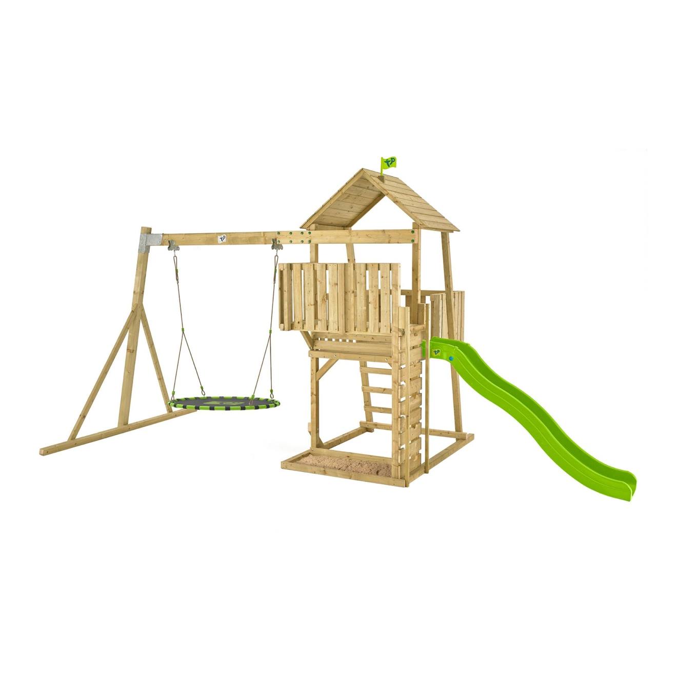 Aire de jeux balançoire nid kingswood bois FSC marron - bleu - noir - vert