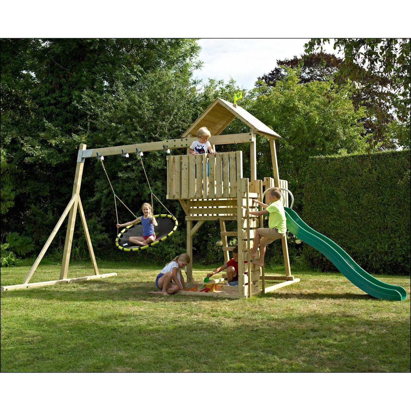 Aire de jeux balançoire nid kingswood bois FSC marron - bleu - noir - vert
