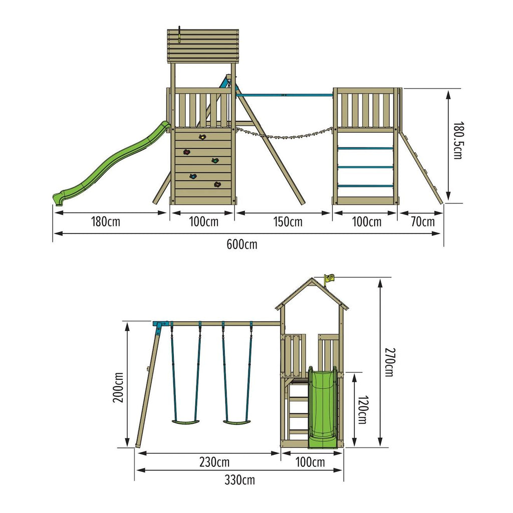 Aire de jeux double plateforme bruyère bois FSC marron - bleu - vert