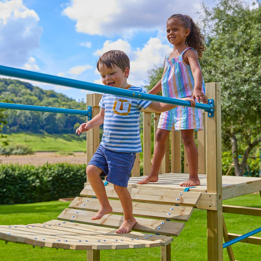 Aire de jeux double plateforme bruyère bois FSC marron - bleu - vert