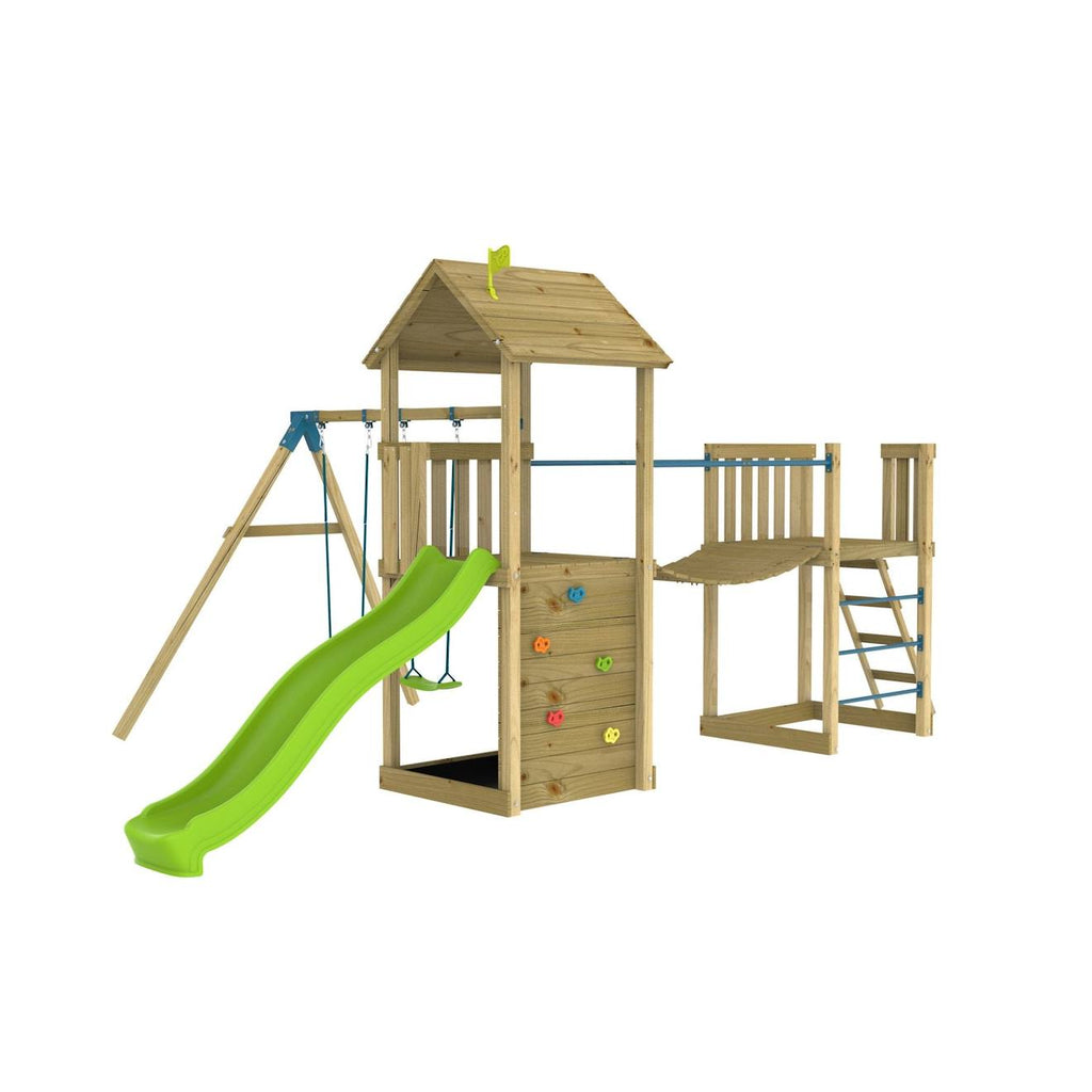 Aire de jeux double plateforme bruyère bois FSC marron - bleu - vert