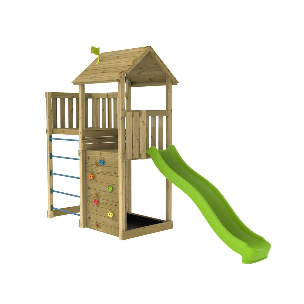 Aire de jeux double plateforme clématite bois FSC marron - bleu - vert