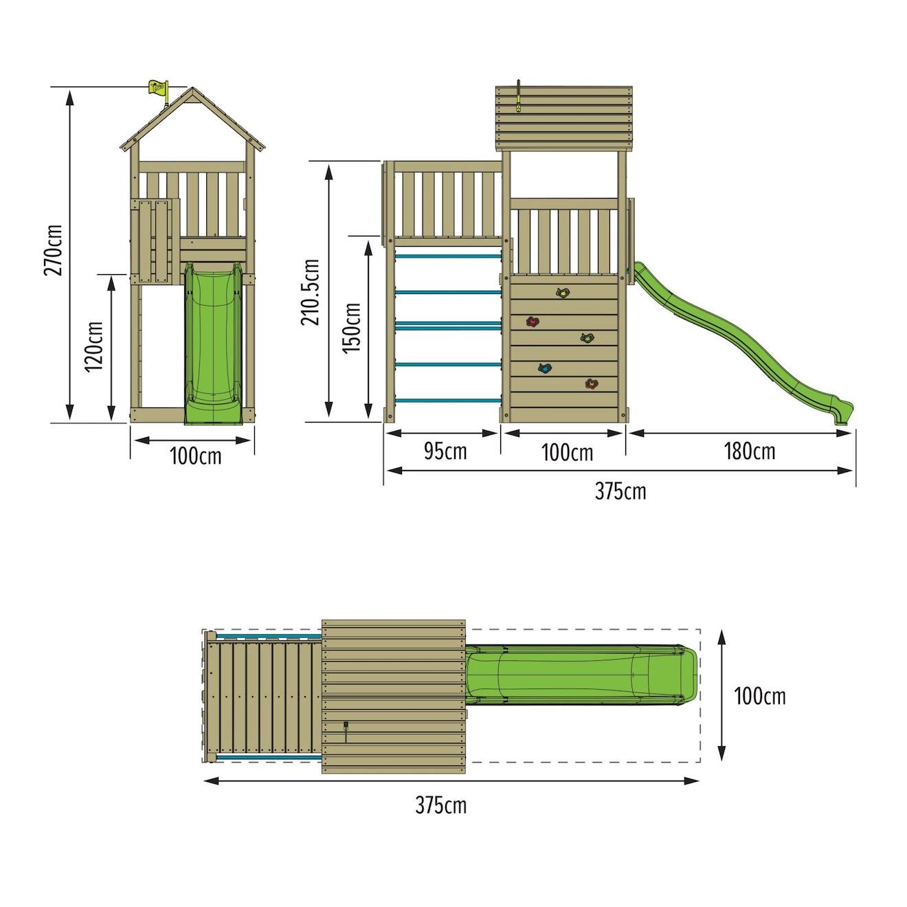 Aire de jeux double plateforme clématite bois FSC marron - bleu - vert