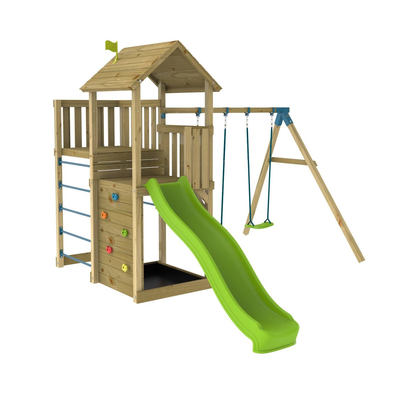 Aire de jeux double plateforme sarriette bois FSC marron - bleu - vert