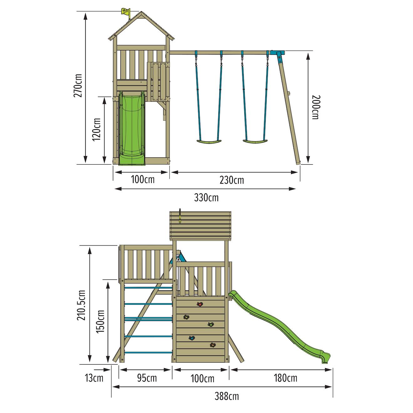 Aire de jeux double plateforme sarriette bois FSC marron - bleu - vert