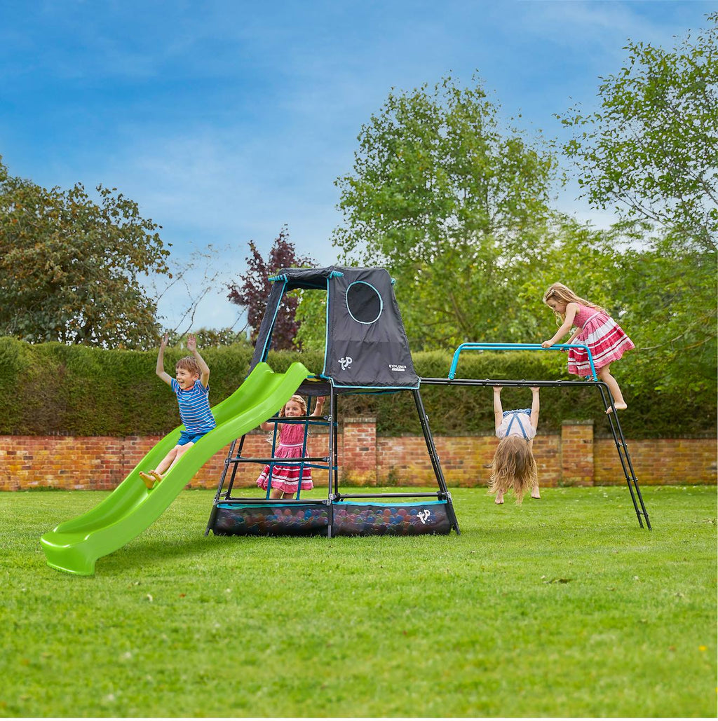 Aire de jeux métal toboggan explorer tour métal h201cm bleu - noir - vert