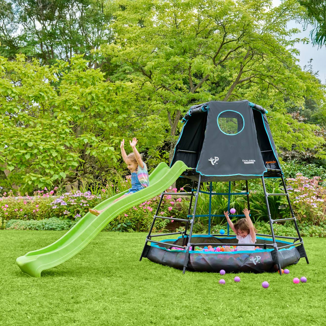 Aire de jeux métal toboggan explorer tour métal h201cm bleu - noir - vert