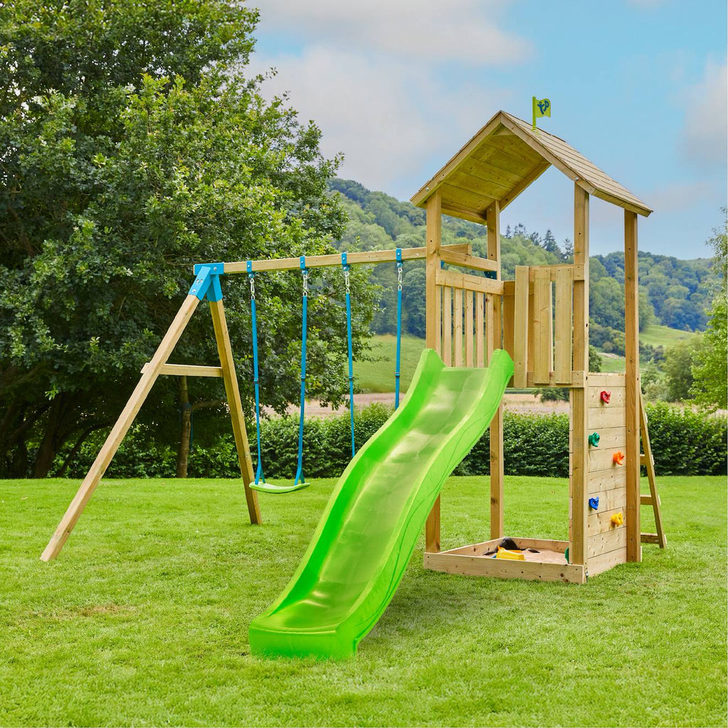 Aire de jeux plateforme toboggan olivète bois FSC marron - bleu - vert