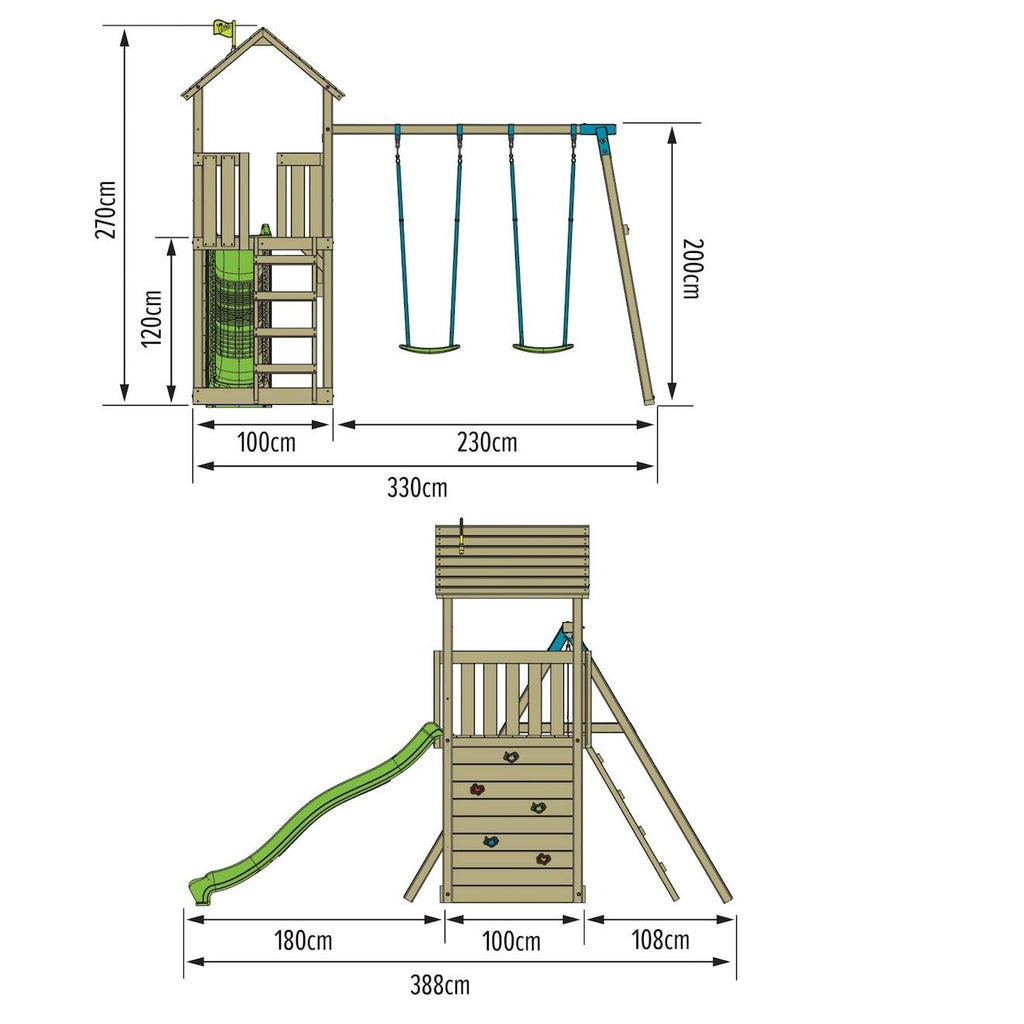 Aire de jeux plateforme toboggan olivète bois FSC marron - bleu - vert
