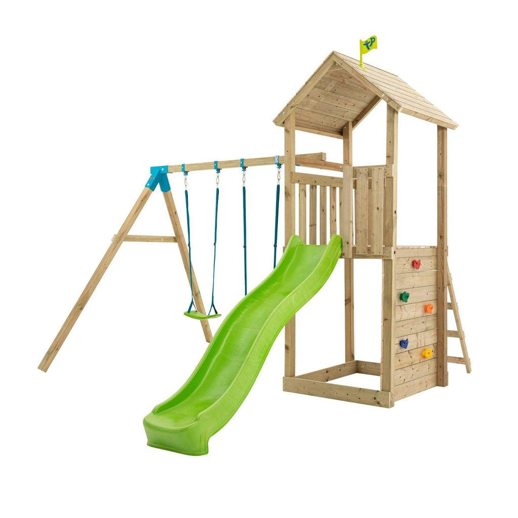 Aire de jeux plateforme toboggan olivète bois FSC marron - bleu - vert