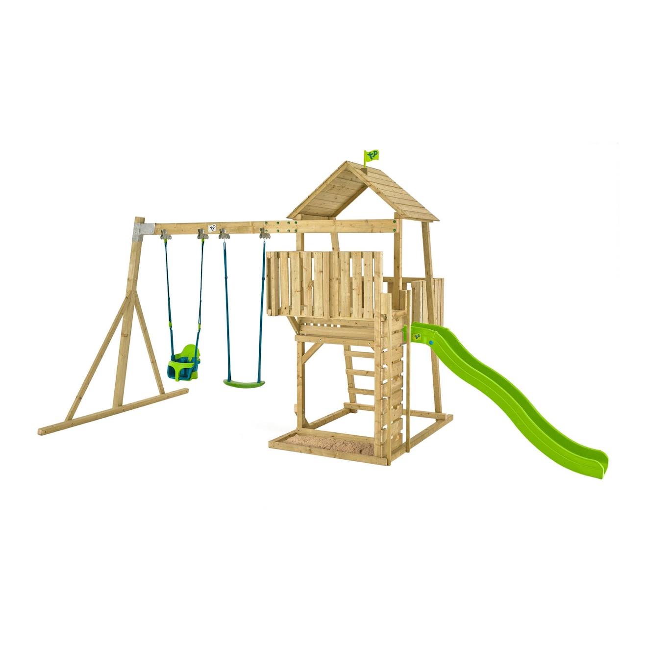 Aire de jeux portique fauteuil bébé kingswood bois FSC marron - bleu - vert