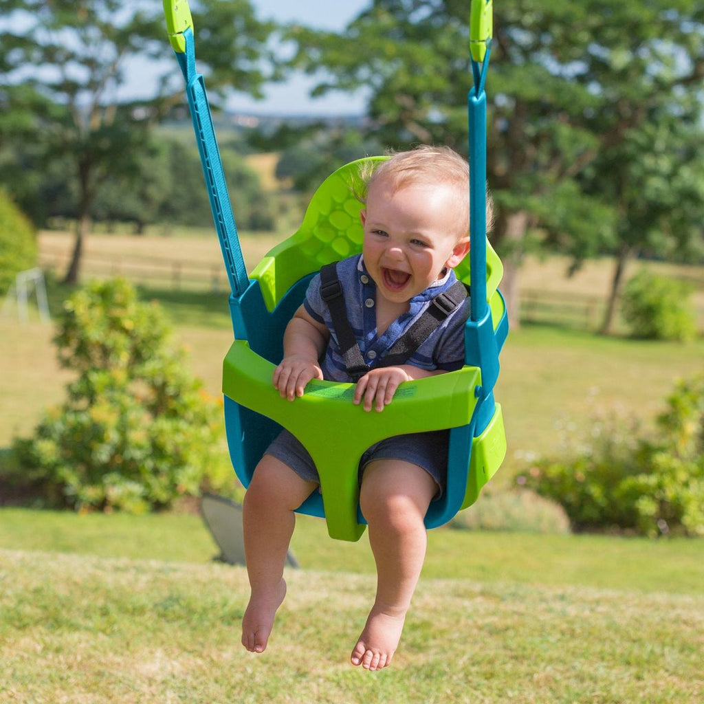 Aire de jeux portique fauteuil bébé kingswood bois FSC marron - bleu - vert