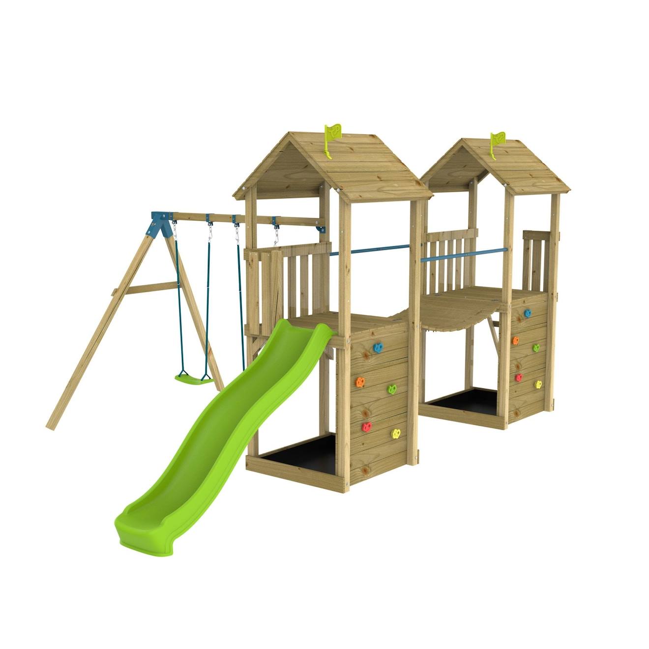 Aire de jeux XXL double tours laurier bois FSC marron - bleu - vert
