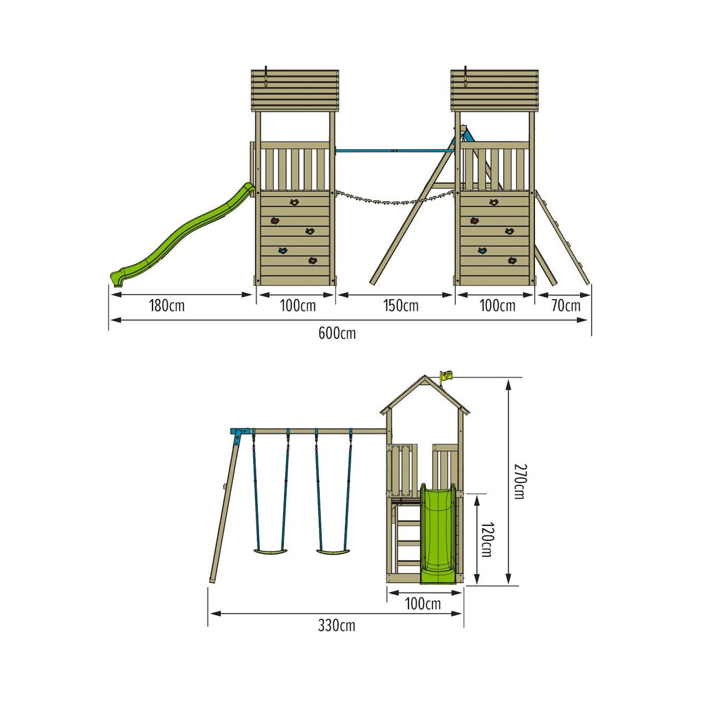 Aire de jeux XXL double tours laurier bois FSC marron - bleu - vert