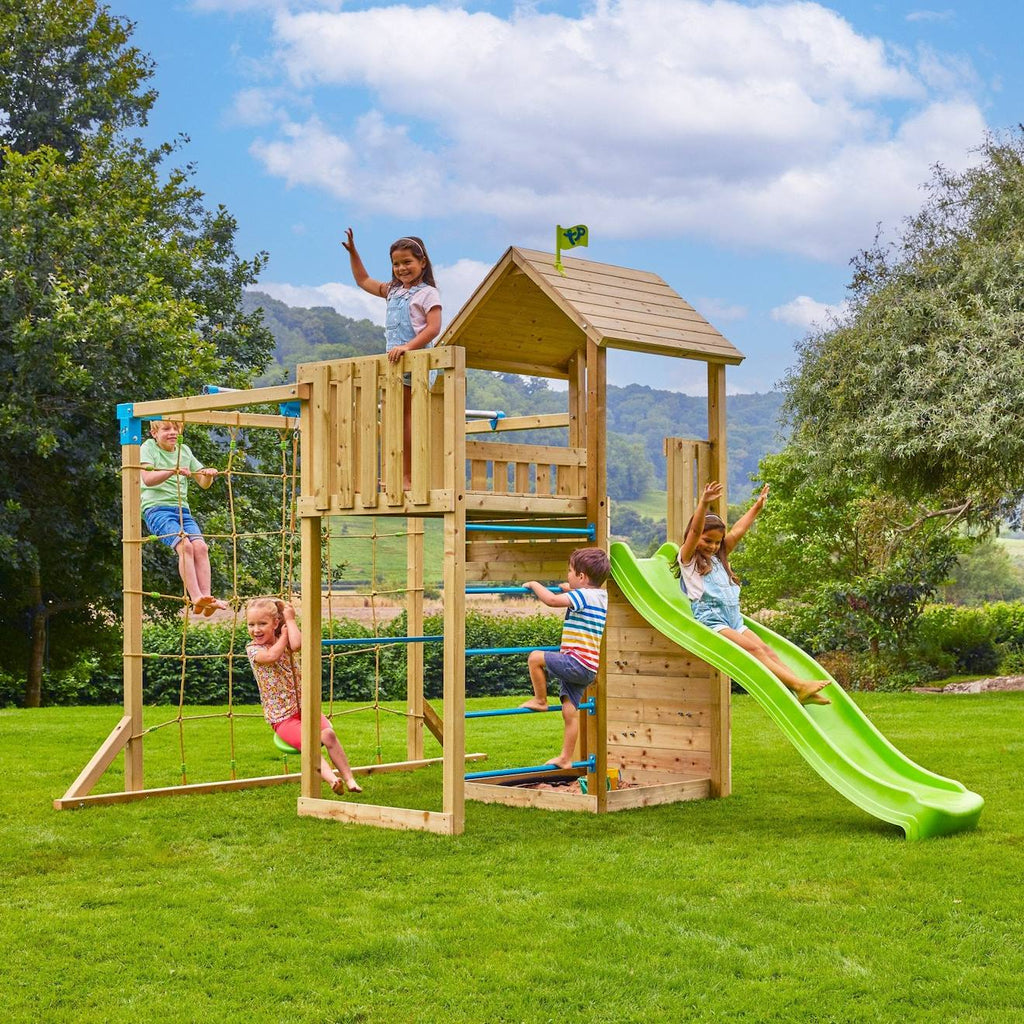 Aire jeux double plateforme santoline bois FSC marron - bleu - vert