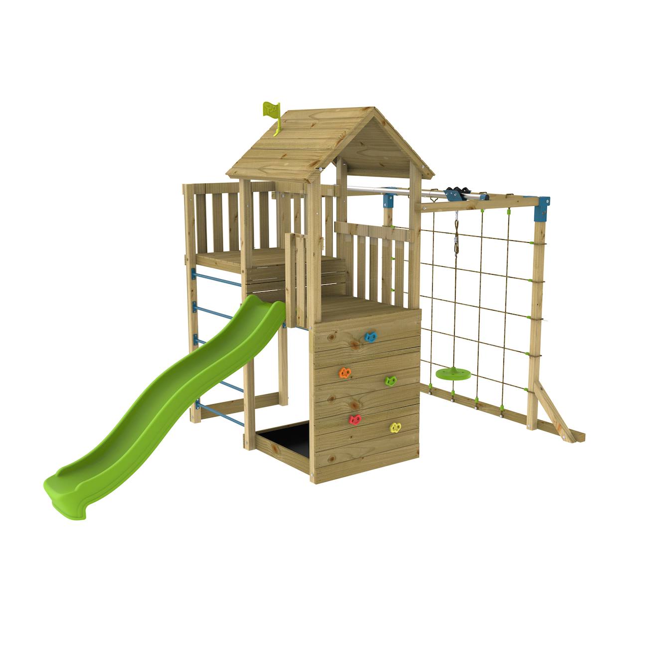 Aire jeux double plateforme santoline bois FSC marron - bleu - vert