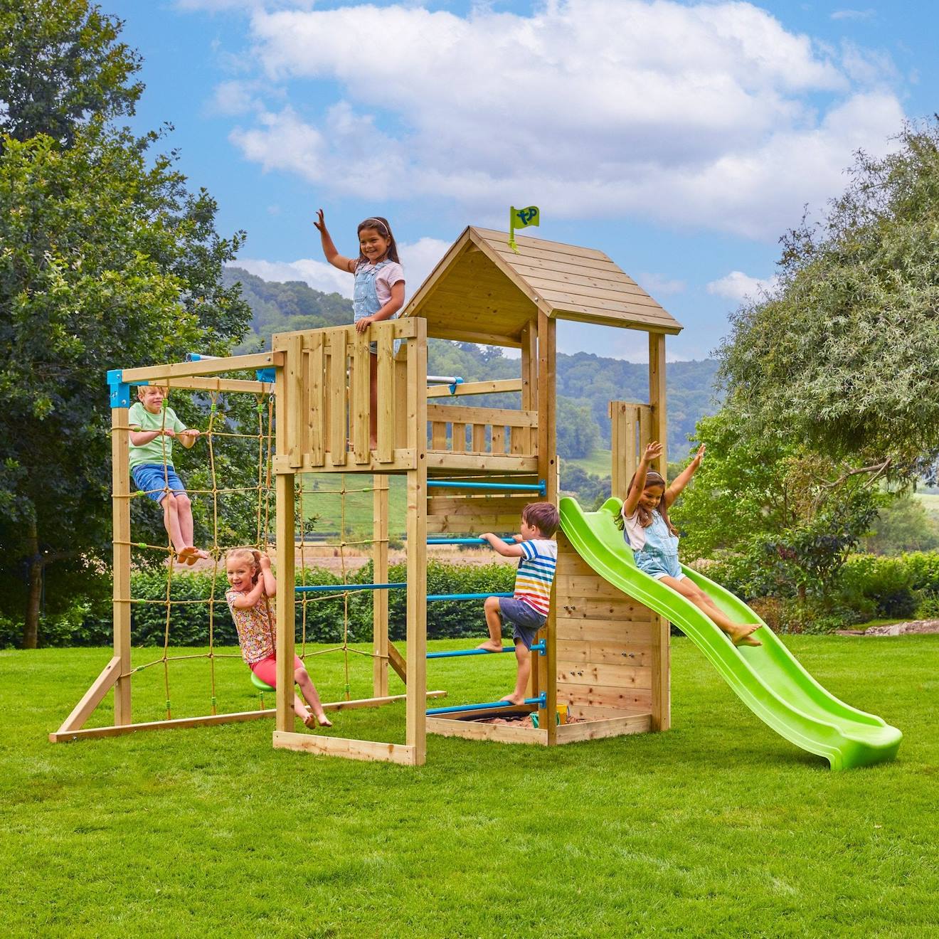 Aire jeux double plateforme santoline bois FSC marron - bleu - vert