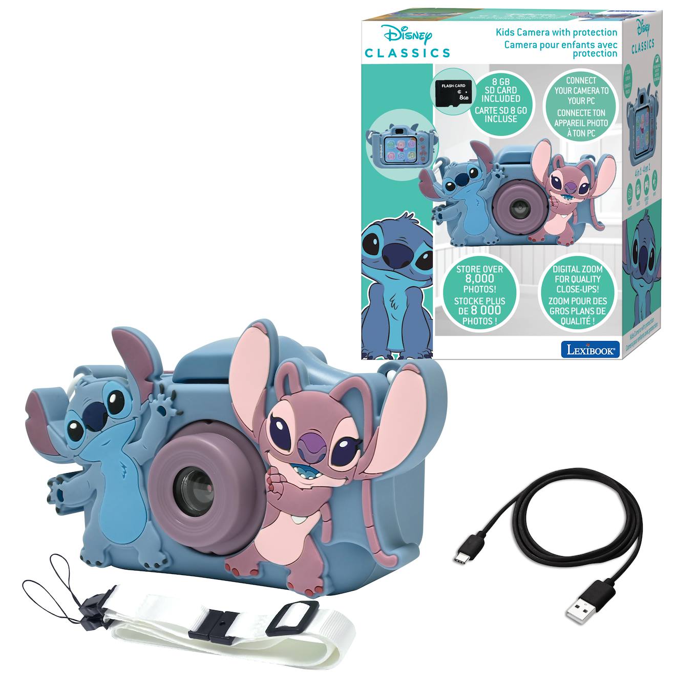 Appareil photo caméra avec protection Stitch 4-en-1, fonctions photo, vidéo, jeux, MP3, carte mémoire 8 Go incluse multicolore