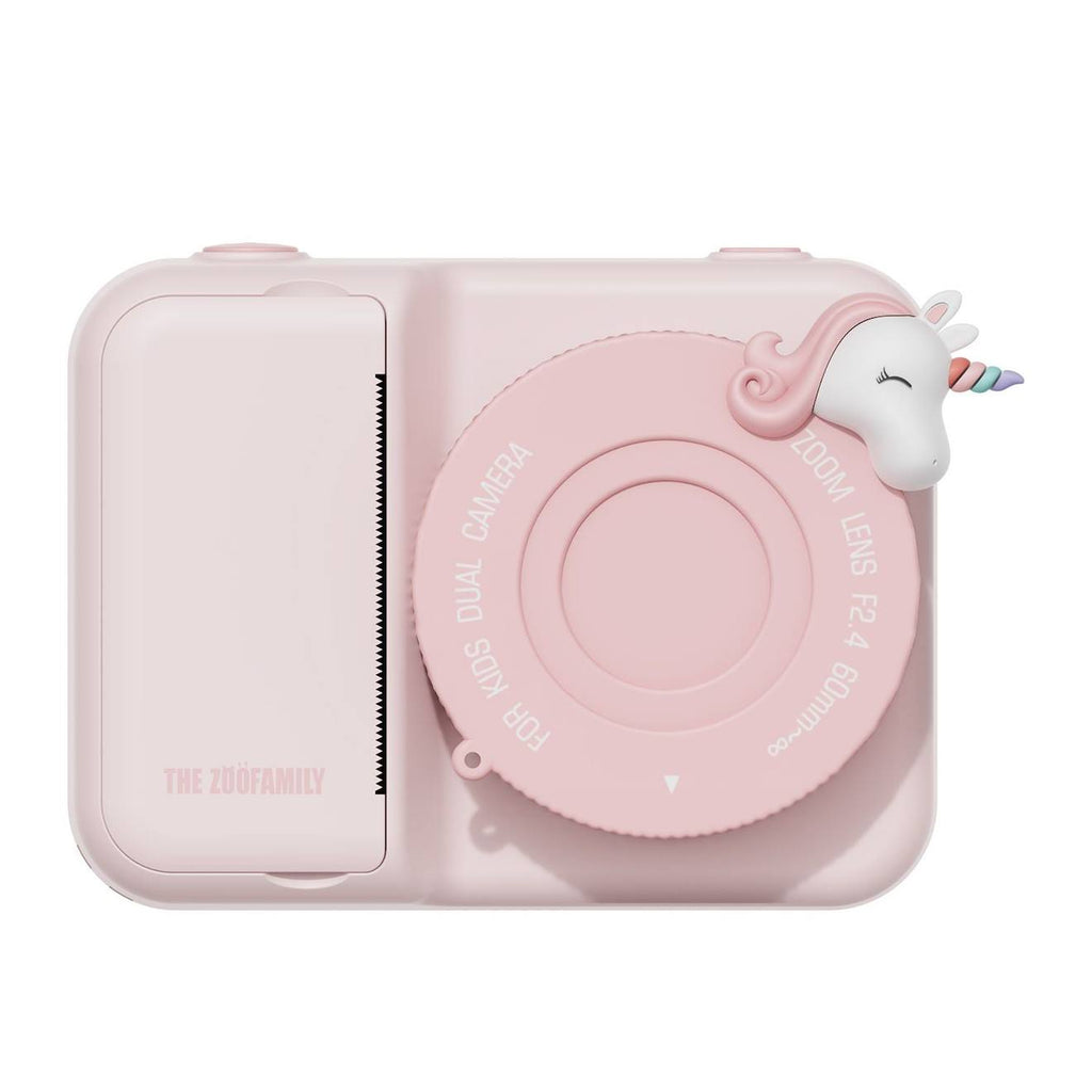 Appareil photo d'impression licorne rose, blanc, bleu