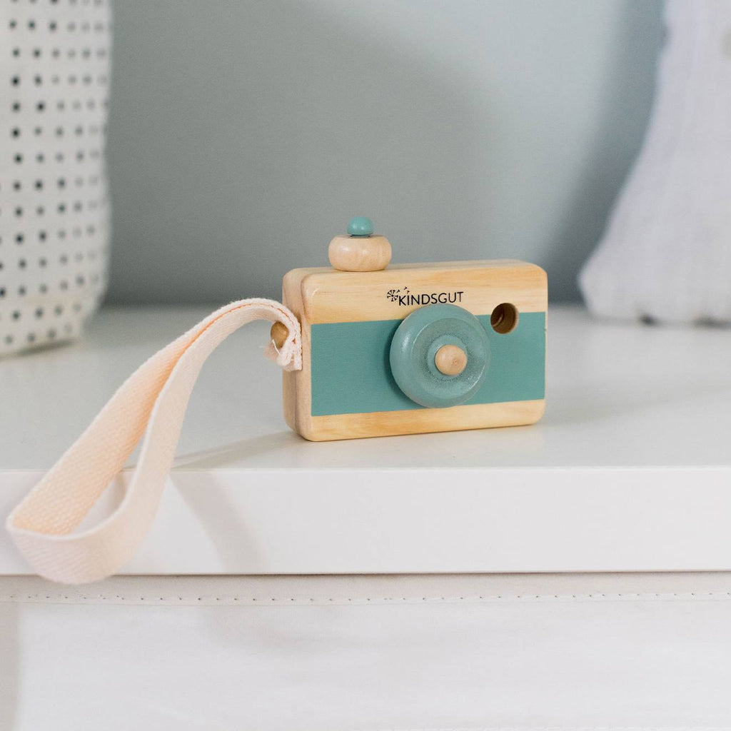 Appareil photo en bois aquamarine