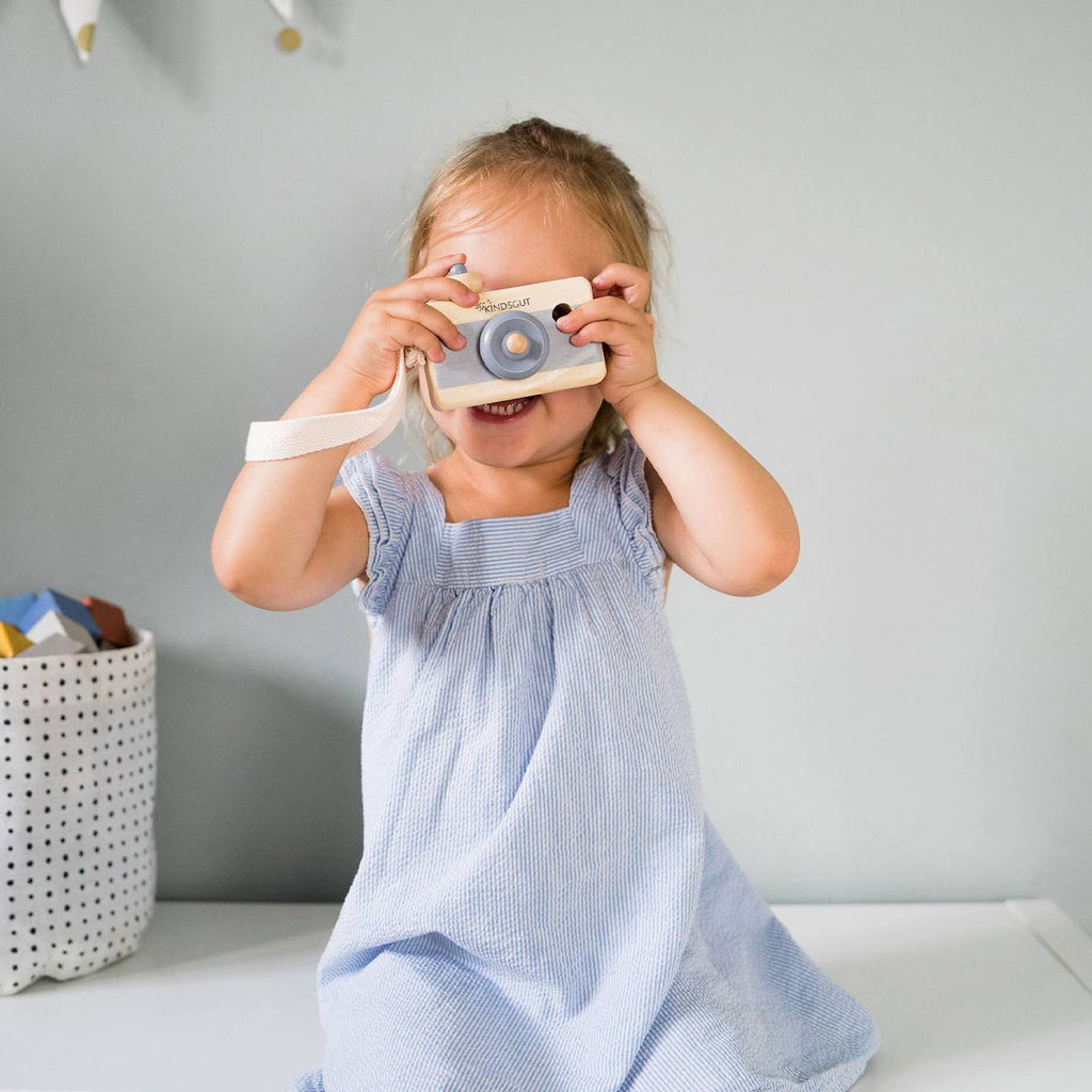 Appareil photo en bois aquamarine gris foncé