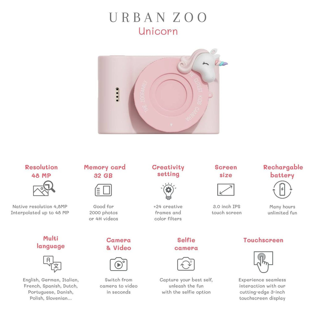 Appareil photo urbain licorne rose, blanc, bleu
