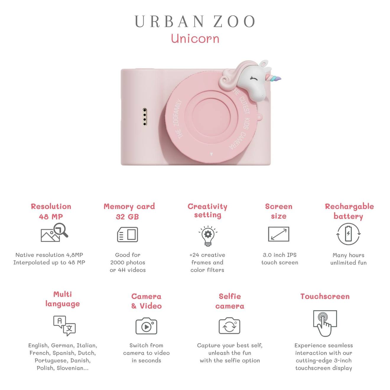 Appareil photo urbain licorne rose, blanc, bleu