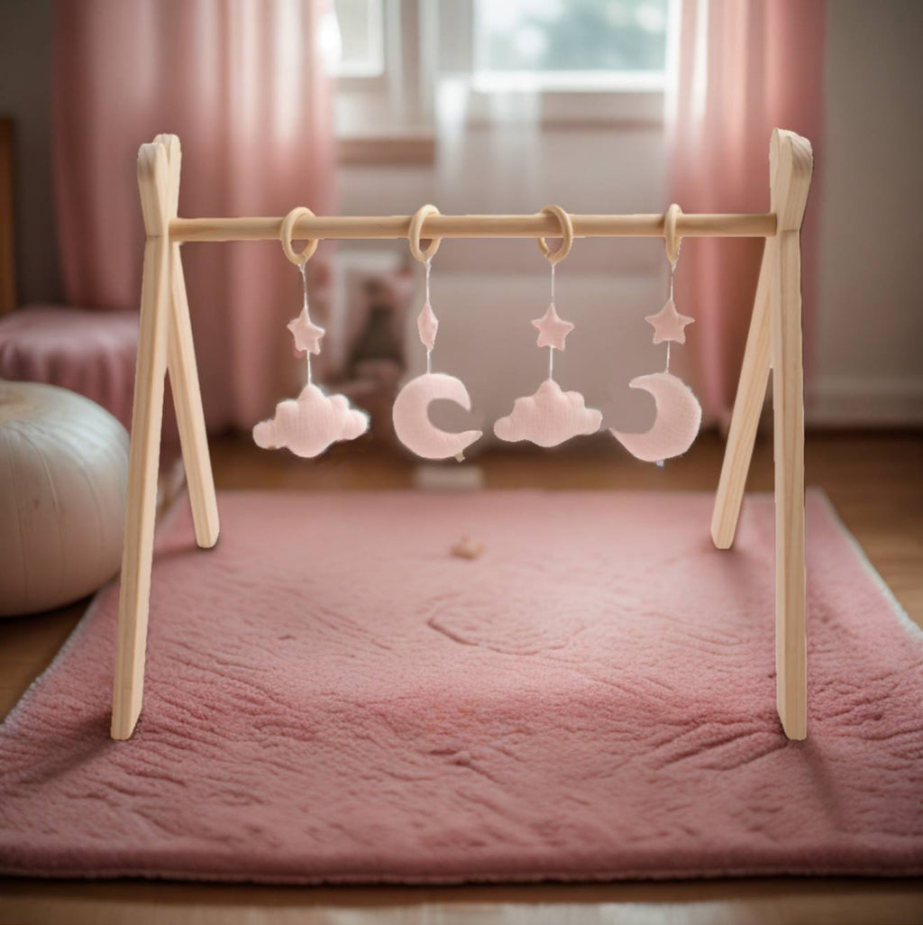 Arche d'éveil bois avec 4 jouets - uni sauge rose