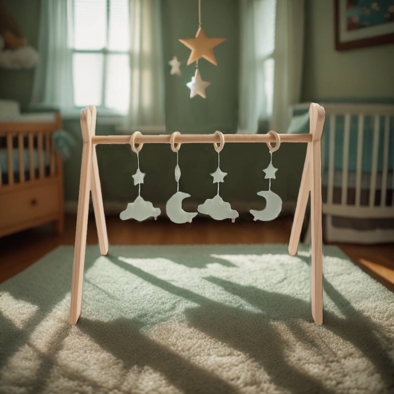 Arche d'éveil bois avec 4 jouets - uni sauge vert