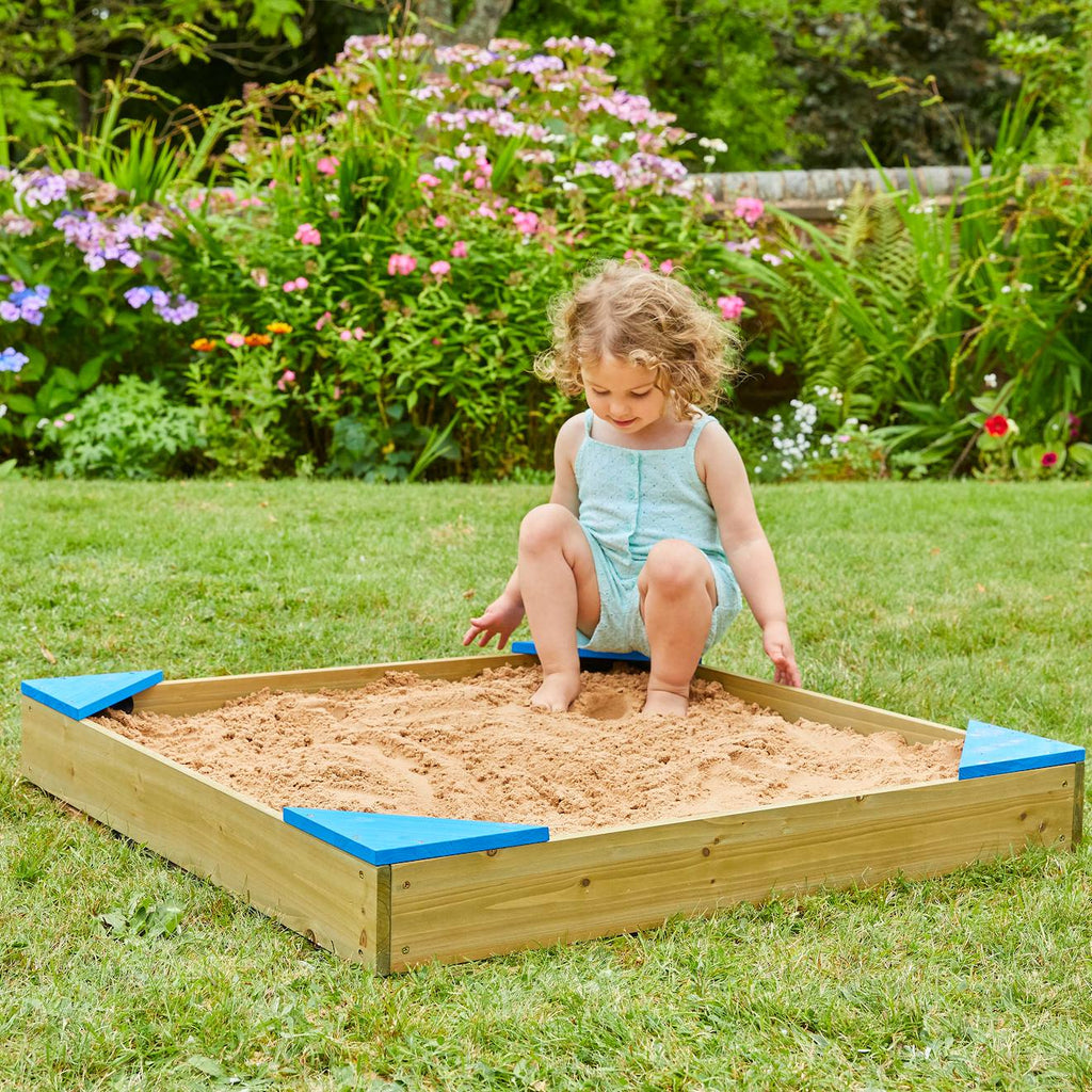 Bac à sable avec couverture de protection bois FSC marron - bleu